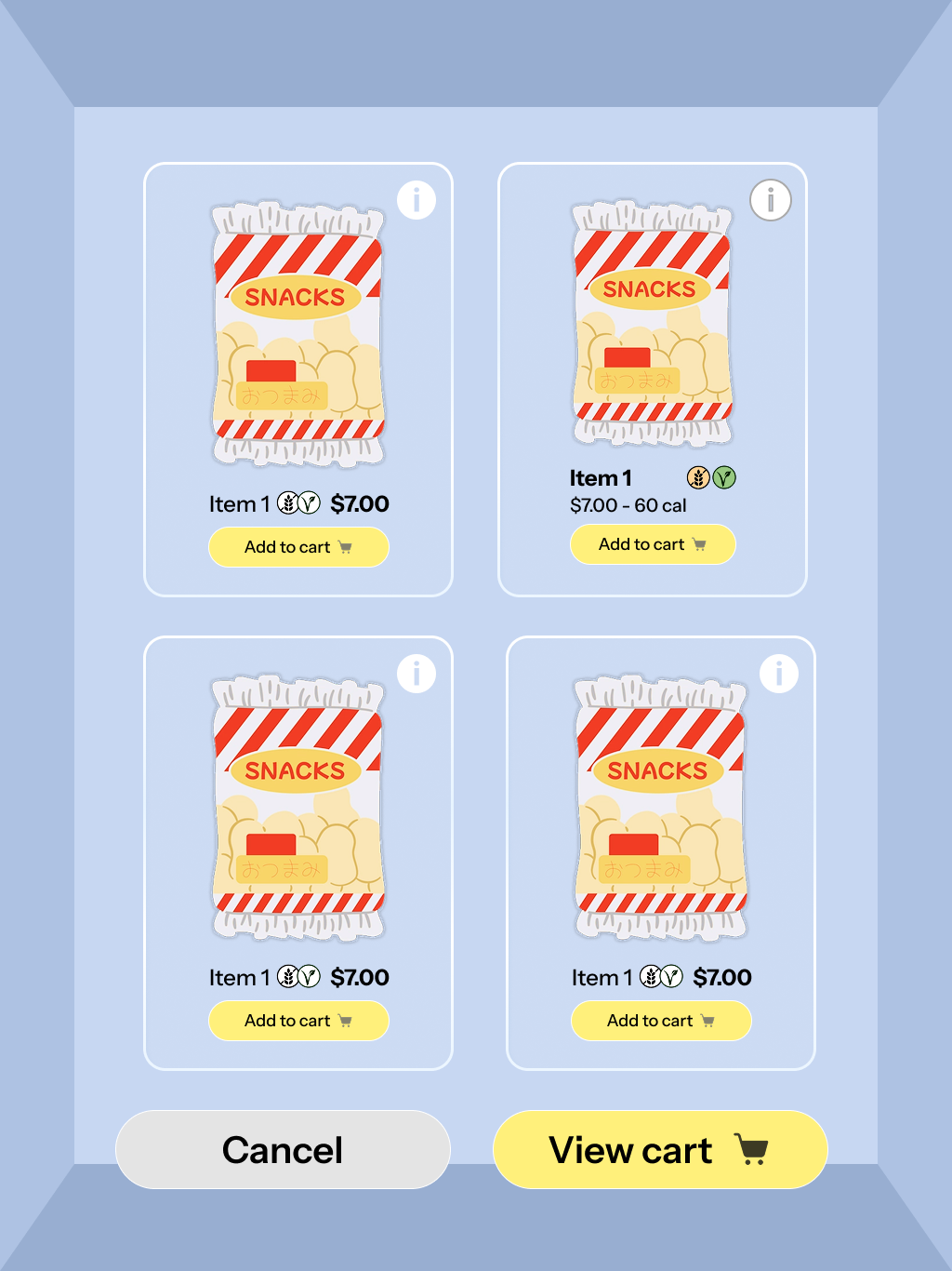 Smaller format is tested with more information on each product for our health conscious audience. Info button would lead to a information pop up overlay.
